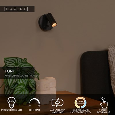 Lucide TONI - wiederaufladbare Wandstrahler / Wandleuchte - Akku/Batterie - Ø 8,1 cm - LED Dim. - CCT - 1x2W 2700K/4000K - Bewegungssensor (Abschaltbar) - Magnetisch - Schwarz